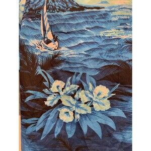 Enow Hawaiian Shirt Blue Floral Beachy Landscape Moonrise Sailboats 3XL Vintage